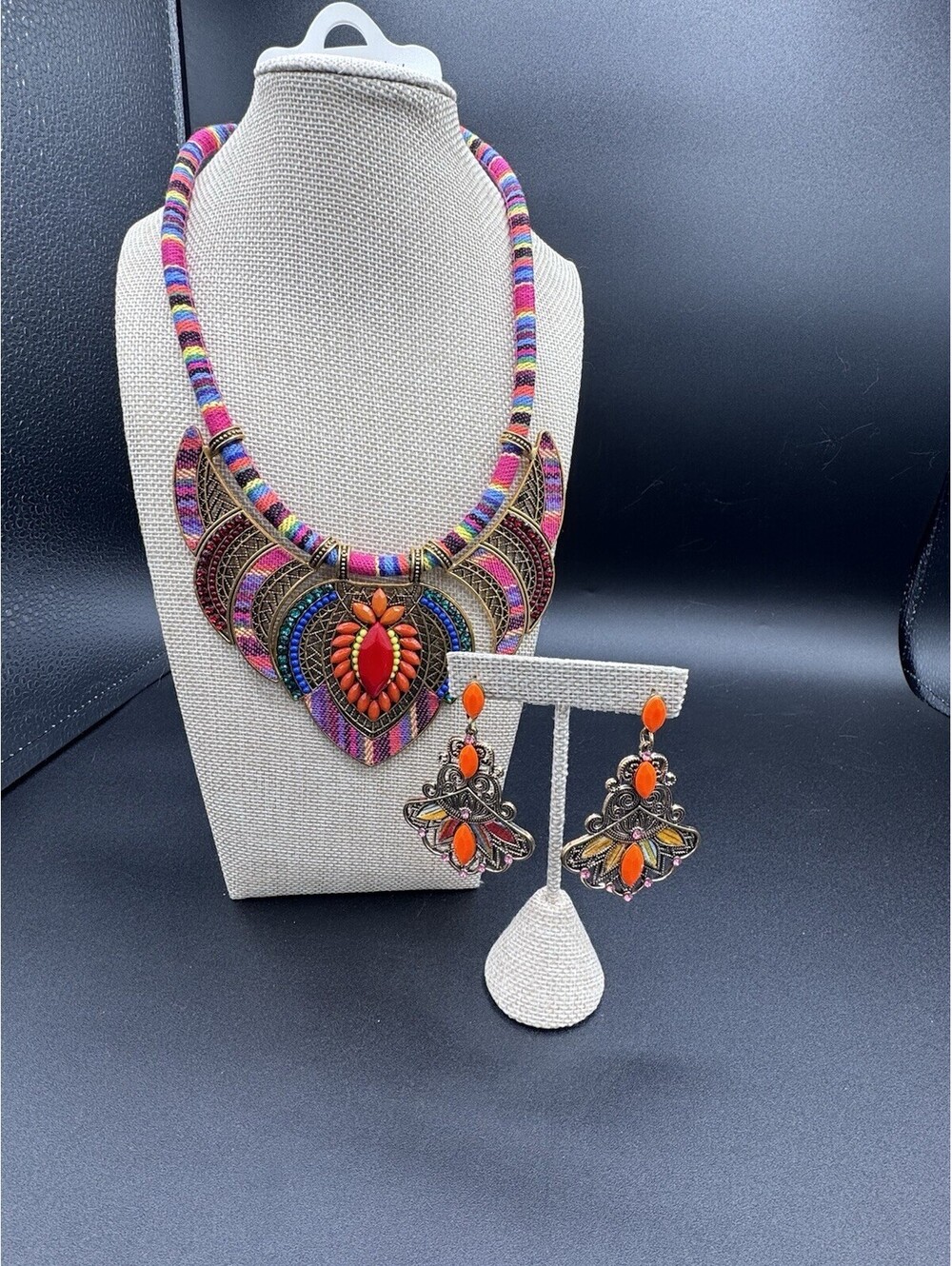 Southwestern Boho Bib Necklace Set Colorful Tribal Statement Necklace & Earrings